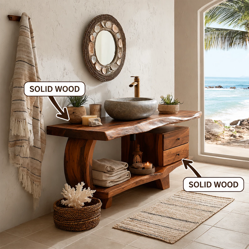 Live Edge Bathroom Vanity with Curved Open Shelf in Natural Solid Wood