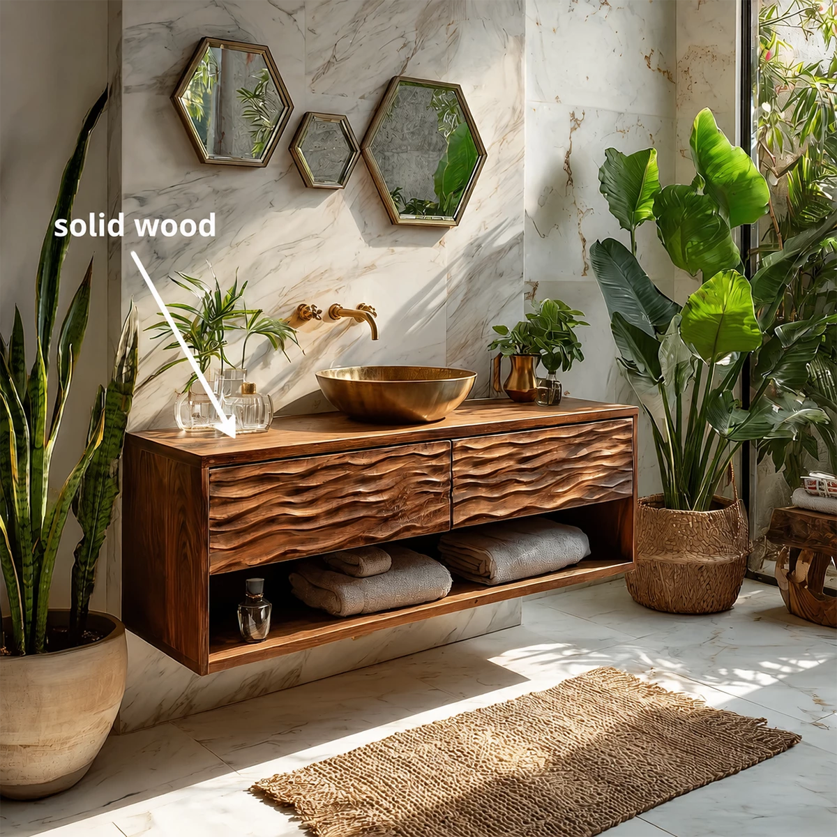Floating Solid Wood Bathroom Vanity with Carved Wave Drawers and Open Storage