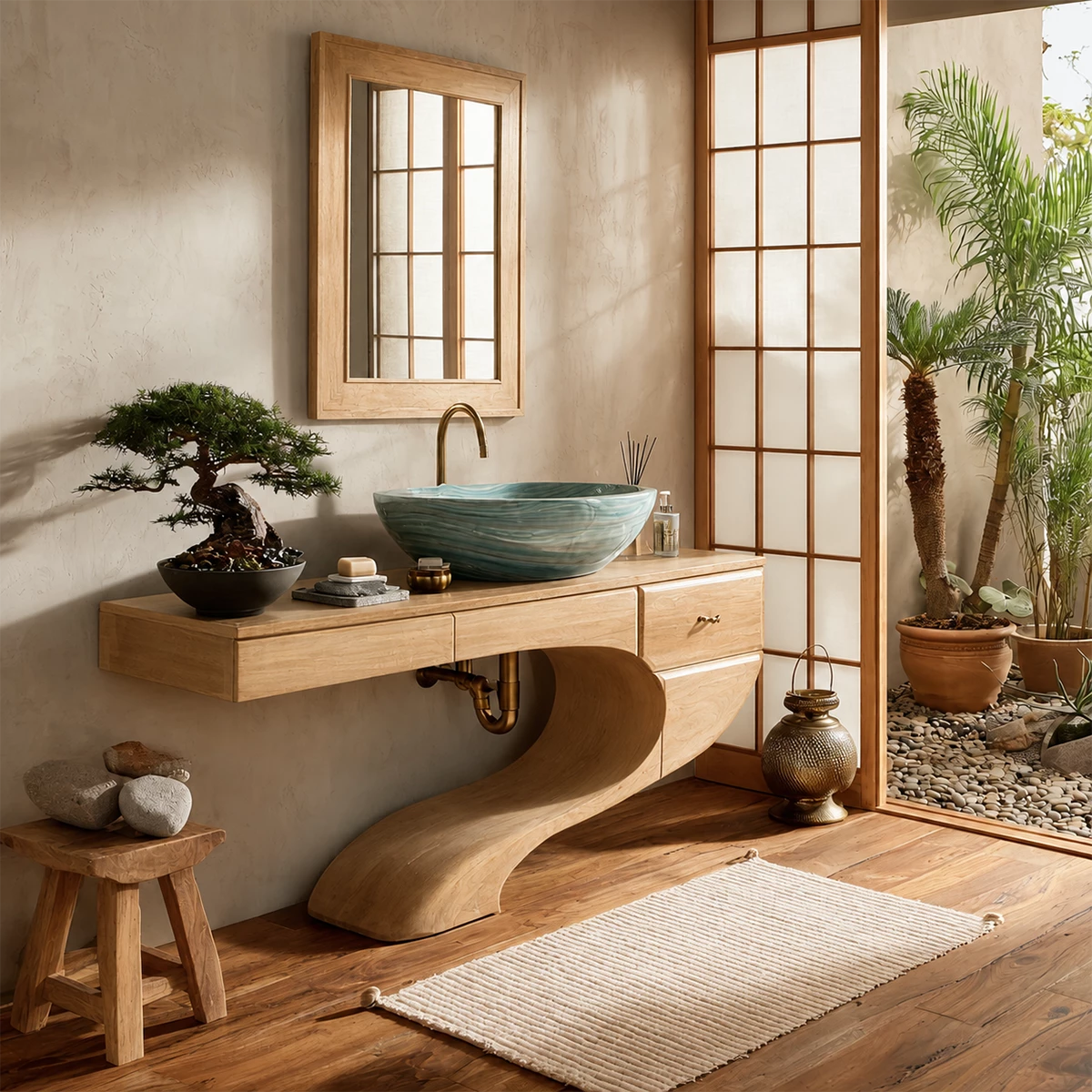 Floating Bathroom Vanity with Sculptural S-Curve Base in Natural Solid Wood