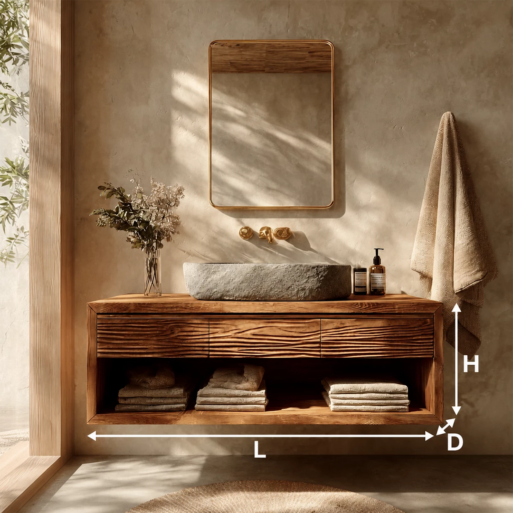 Floating Bathroom Vanity with Textured Wood Drawers and Open Shelf in Natural Solid Wood