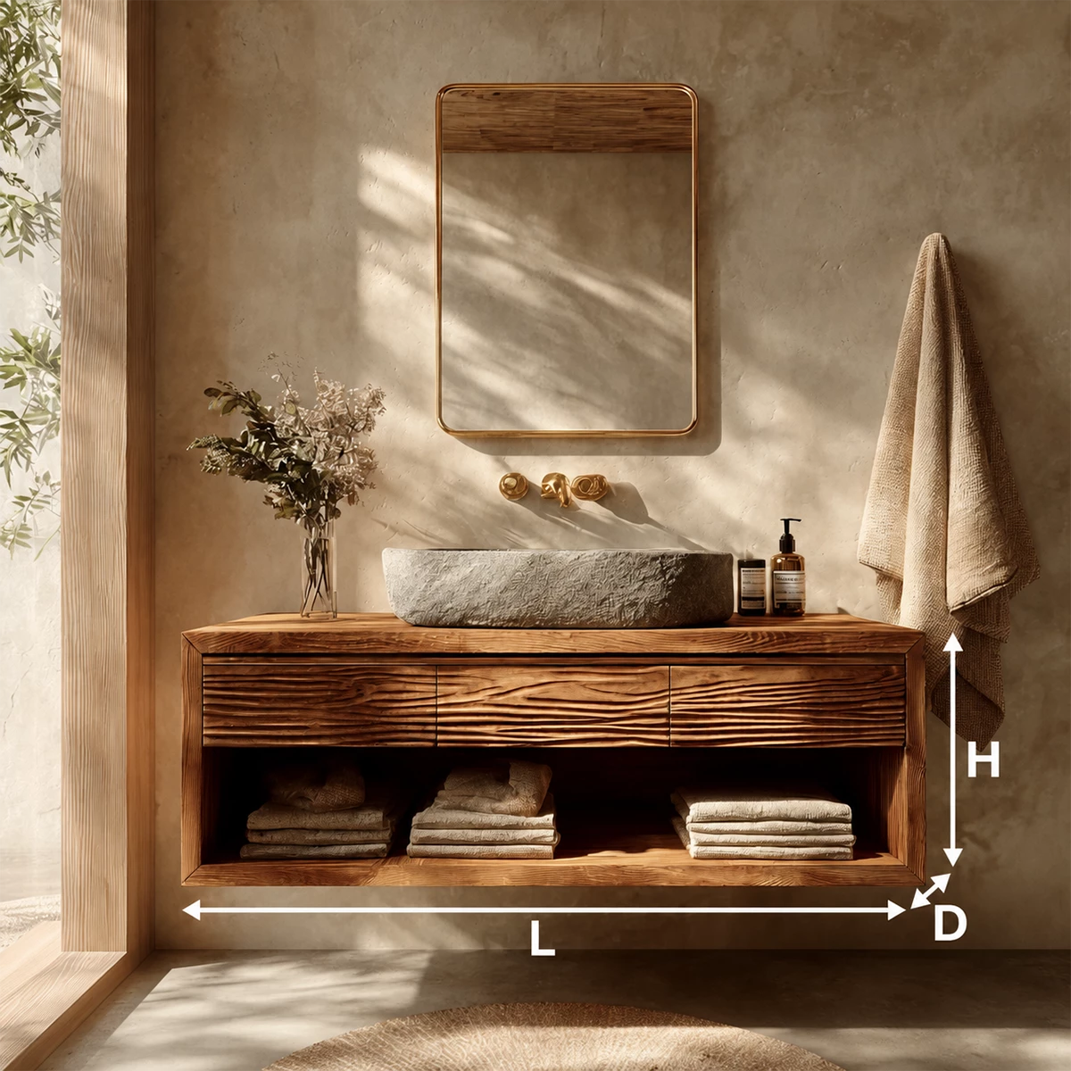 Floating Bathroom Vanity with Textured Wood Drawers and Open Shelf in Natural Solid Wood