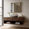Floating Solid Wood Bathroom Vanity with Textured Front & Open Shelf Storage