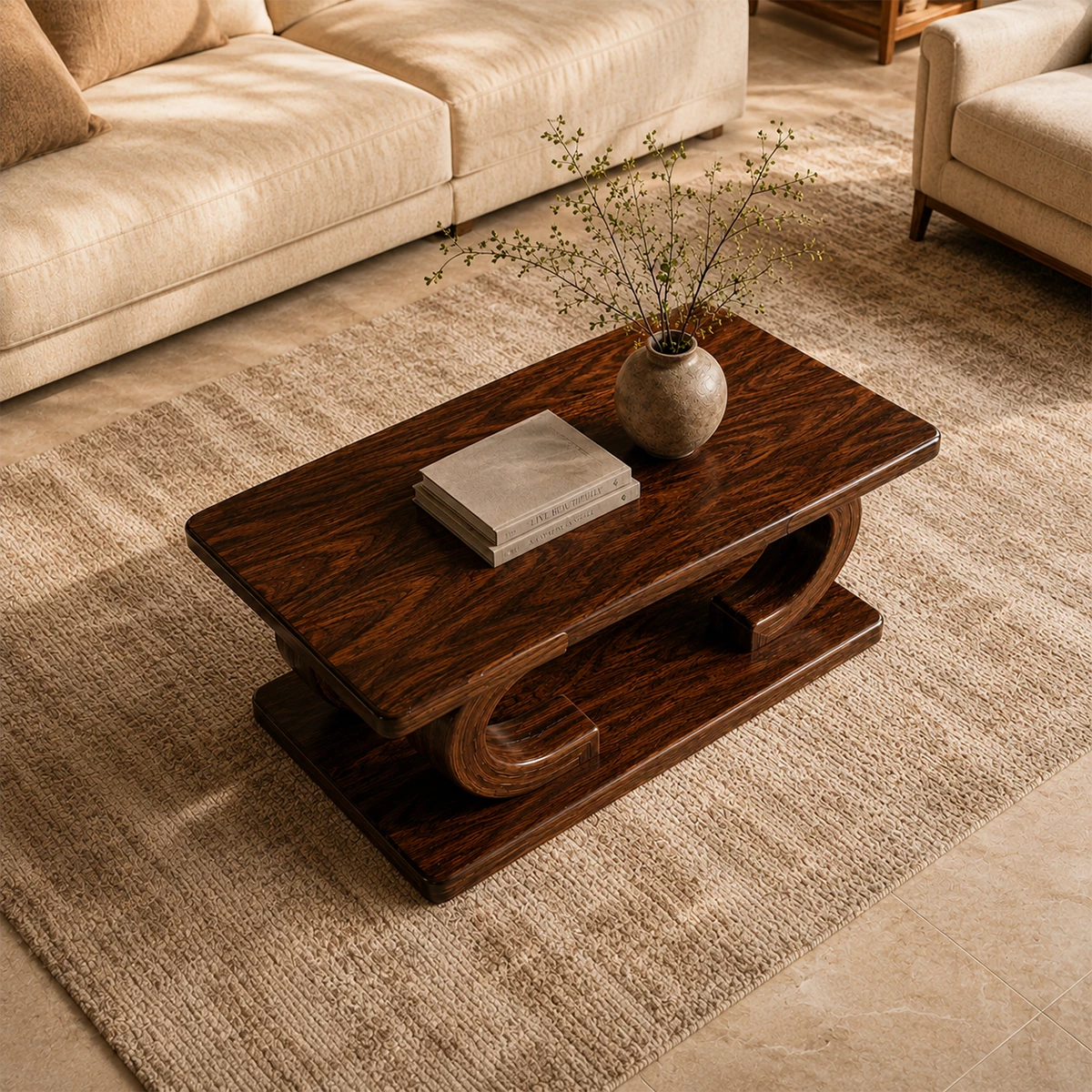 Rectangular Arch Wood Coffee Table – Sculptural Natural Wood Center Table for Living Room