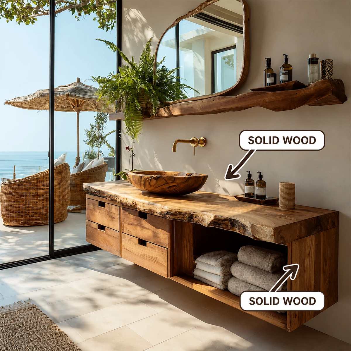 Floating Live Edge Solid Wood Bathroom Vanity with Four Drawers and Open Shelf