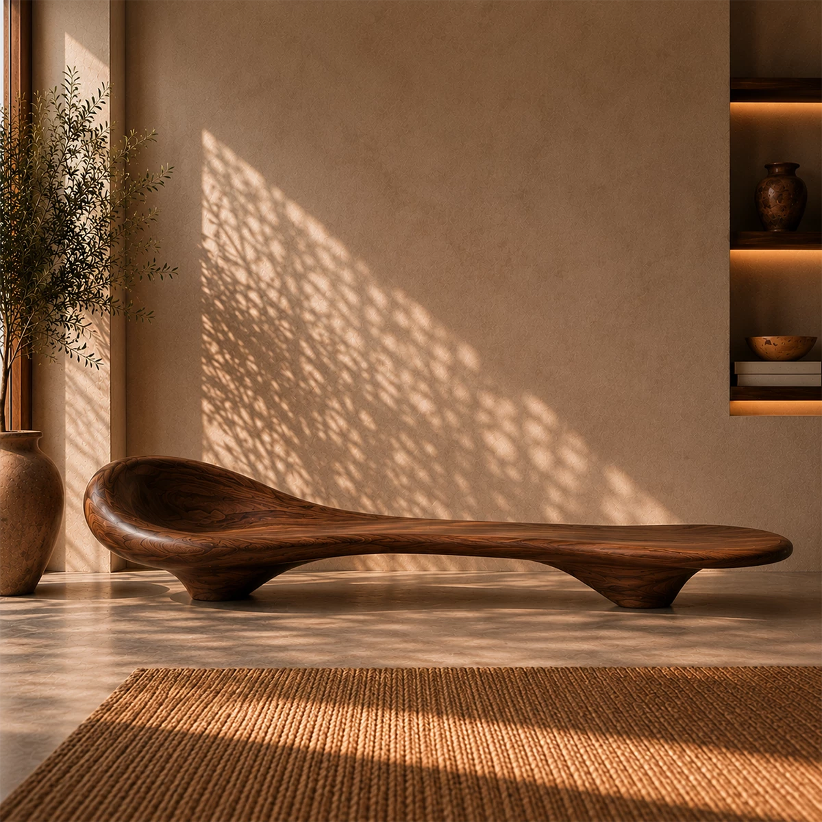 Sculptural Wood Chaise Lounge – Organic Natural Wood Lounge Chair for Modern Interior