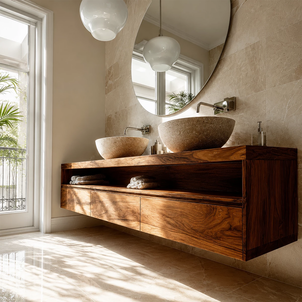 Double Sink Floating Bathroom Vanity with Open Shelf in Natural Solid Wood