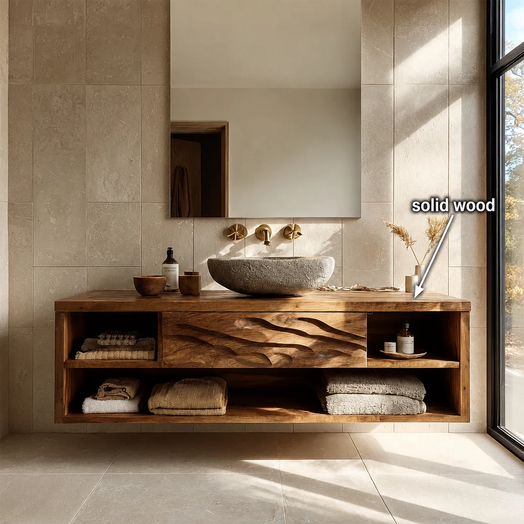 Floating Bathroom Vanity with Wave-Carved Drawer in Natural Solid Wood