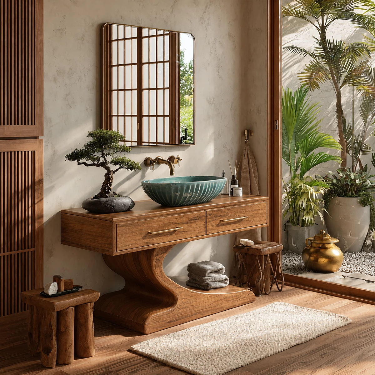 Modern Floating Bathroom Vanity with Sculptural Pedestal in Natural Solid Wood