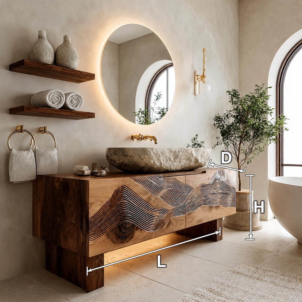 Artistic Bathroom Vanity with Layered Wave Carved Front in Natural Solid Wood