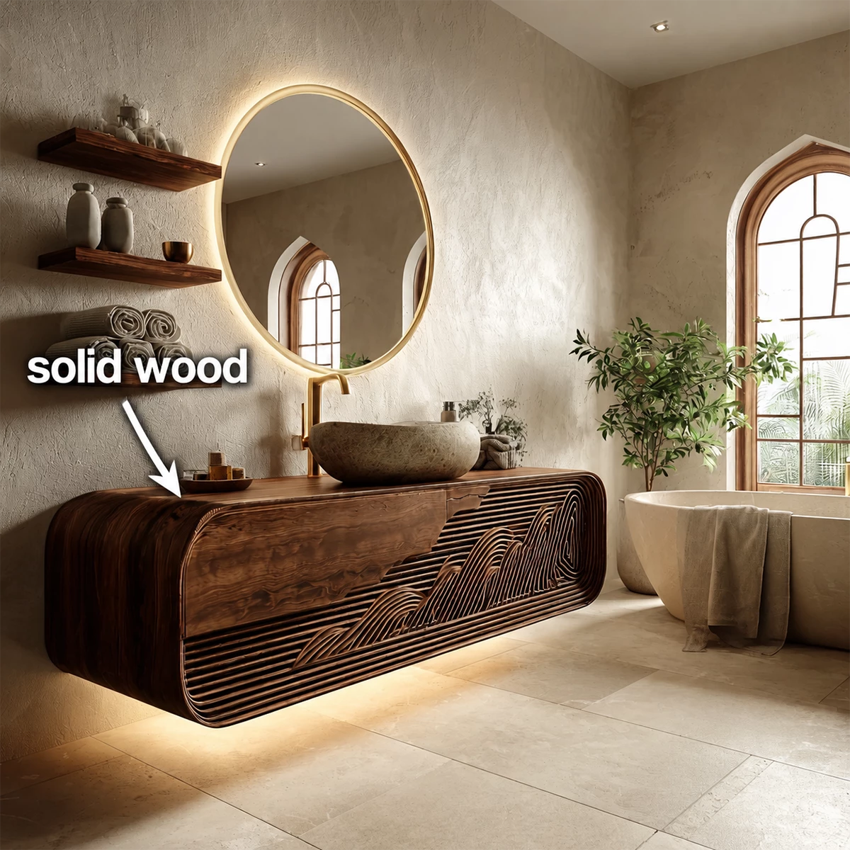 Floating Solid Wood Bathroom Vanity with Mountain Relief Front Design