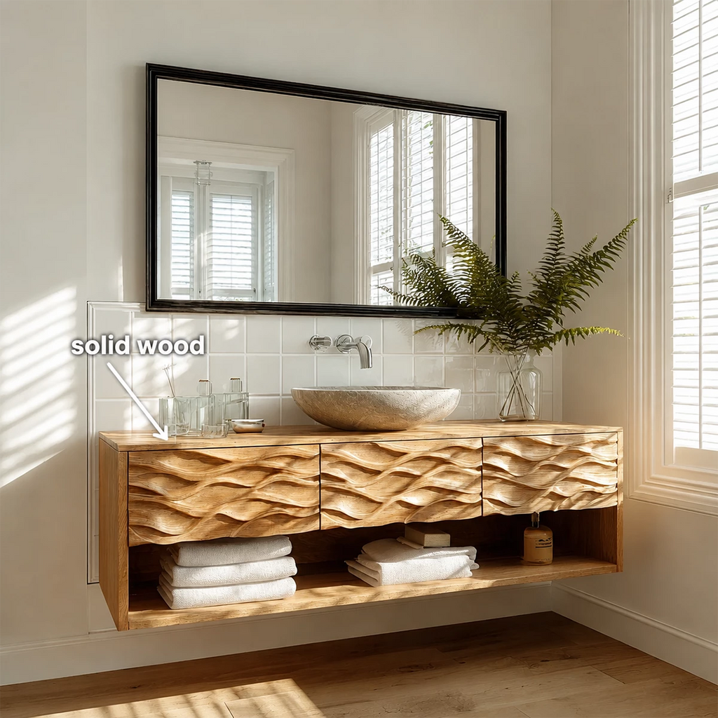 Floating Solid Wood Bathroom Vanity with Carved Wave Front and Open Shelf