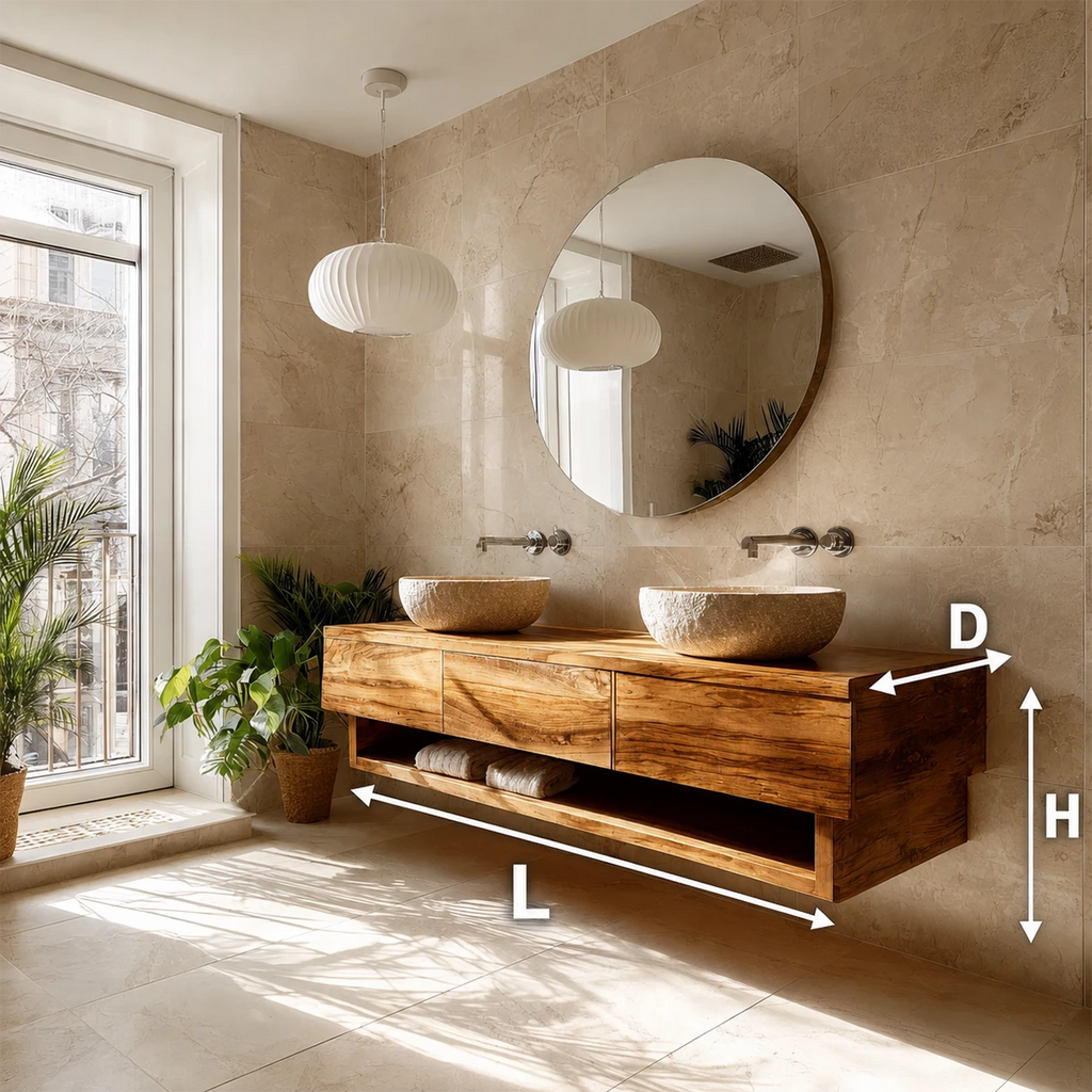 Double Sink Floating Bathroom Vanity with Open Shelf in Natural Solid Wood