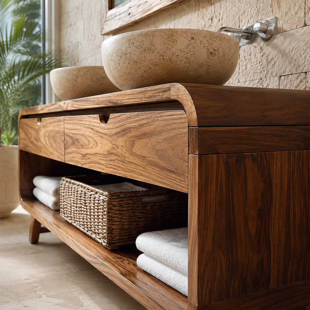 Double Sink Bathroom Vanity with Rounded Corners in Natural Solid Wood
