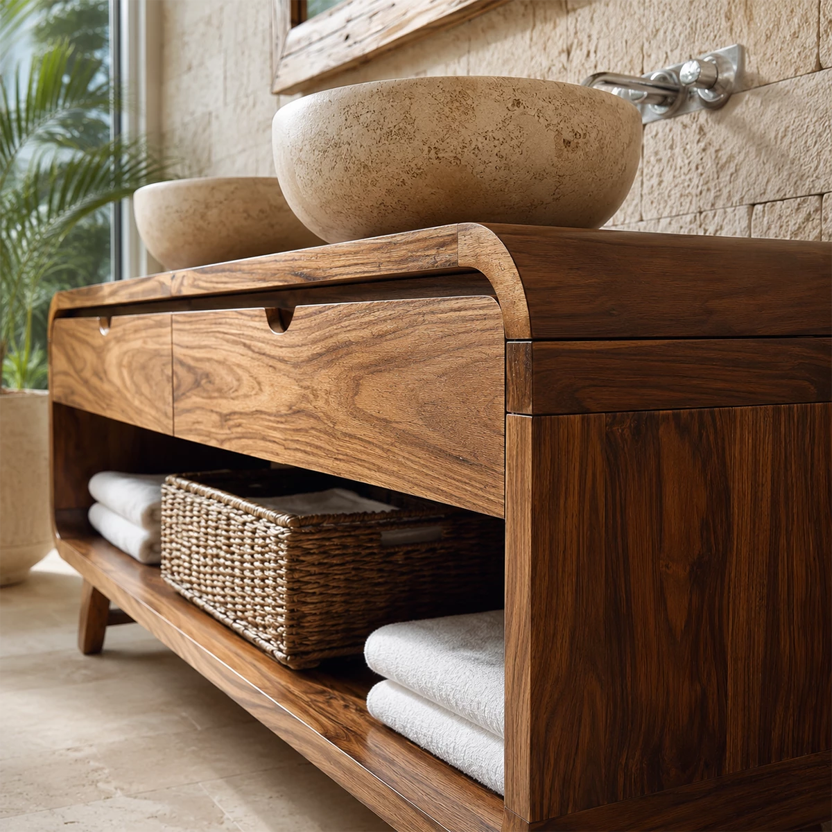 Double Sink Bathroom Vanity with Rounded Corners in Natural Solid Wood