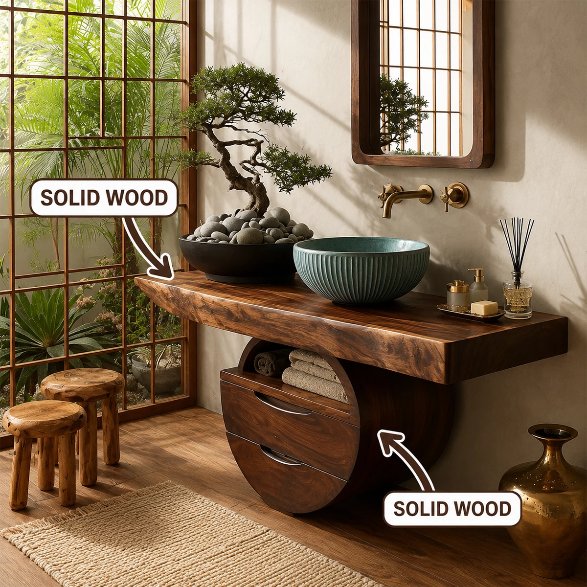 Sculptural Floating Bathroom Vanity with Curved Storage Base in Natural Solid Wood