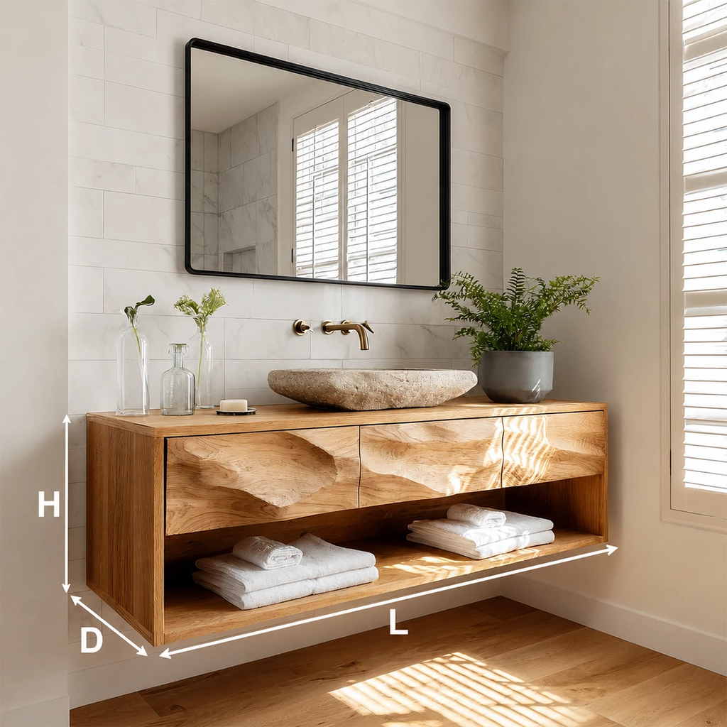 Floating Bathroom Vanity with Sculpted Drawer Fronts in Natural Solid Wood