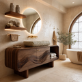 Modern Solid Wood Bathroom Vanity with Sculpted Wave Front and Open Shelf