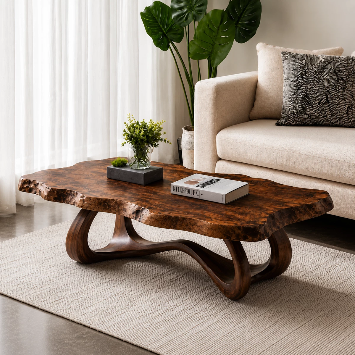 Live Edge Burl Wood Coffee Table – Sculptural Natural Wood Center Table for Modern Living Room