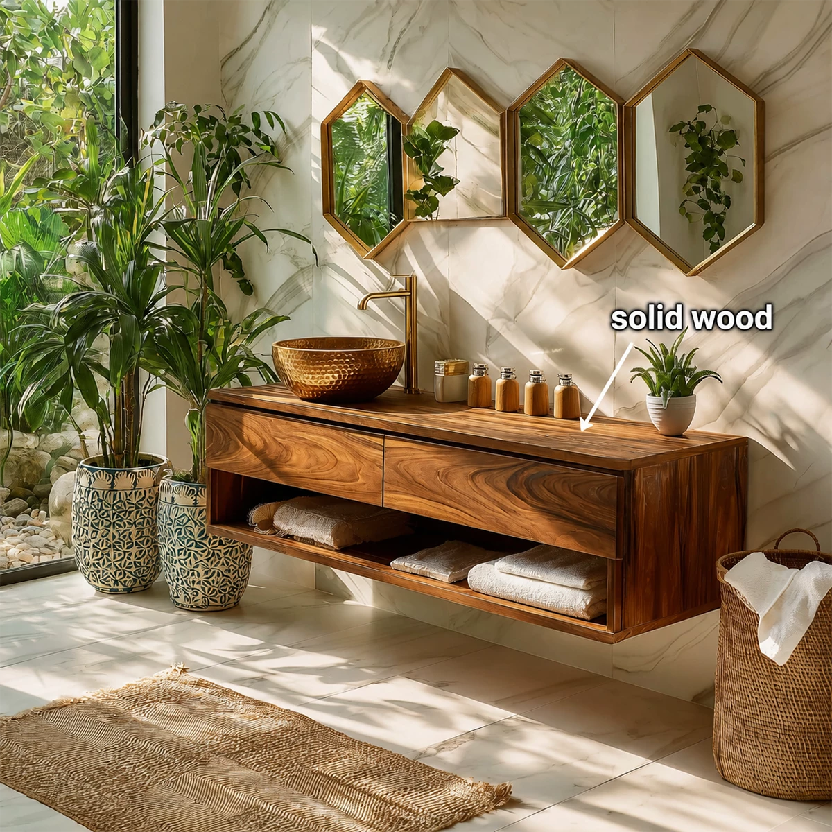 Floating Bathroom Vanity with Open Shelf and Dual Drawers in Natural Solid Wood
