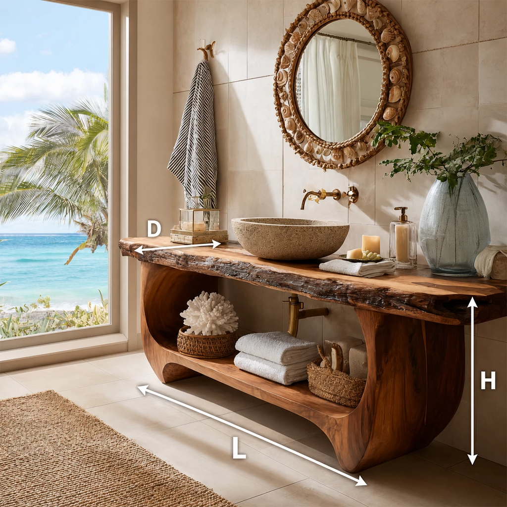 Live Edge Bathroom Vanity with Sculptural Open Shelf in Natural Solid Wood