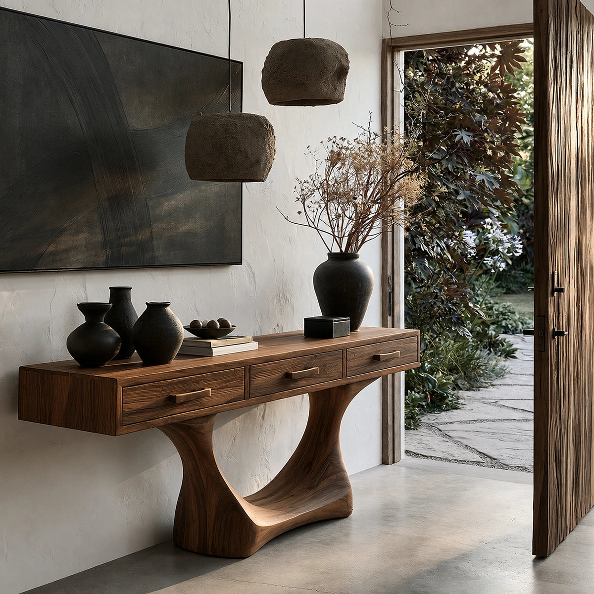 Natural Solid Wood Console Table with Three Drawers and Sculptural Pedestal Base