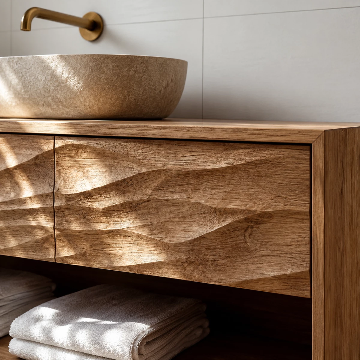 Floating Bathroom Vanity with Hand-Carved Wave Drawers in Natural Solid Wood
