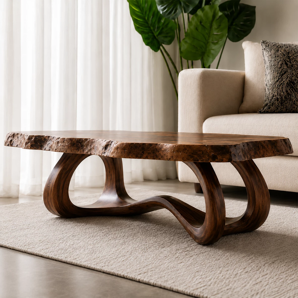 Live Edge Burl Wood Coffee Table – Sculptural Natural Wood Center Table for Modern Living Room