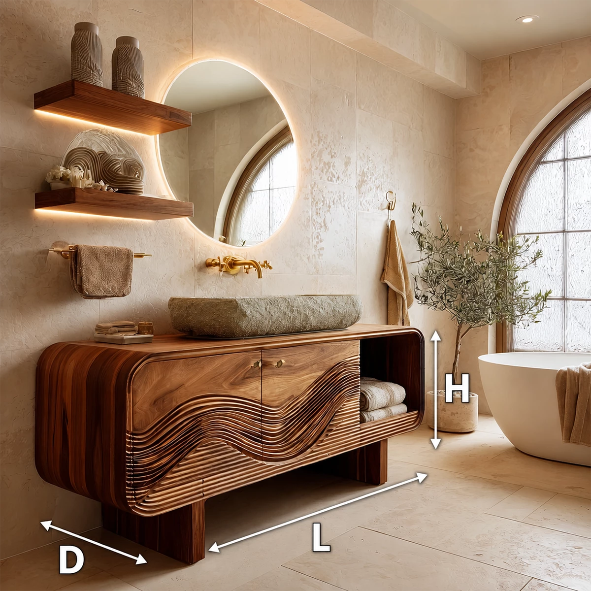 Modern Solid Wood Bathroom Vanity with Sculpted Wave Front and Open Shelf