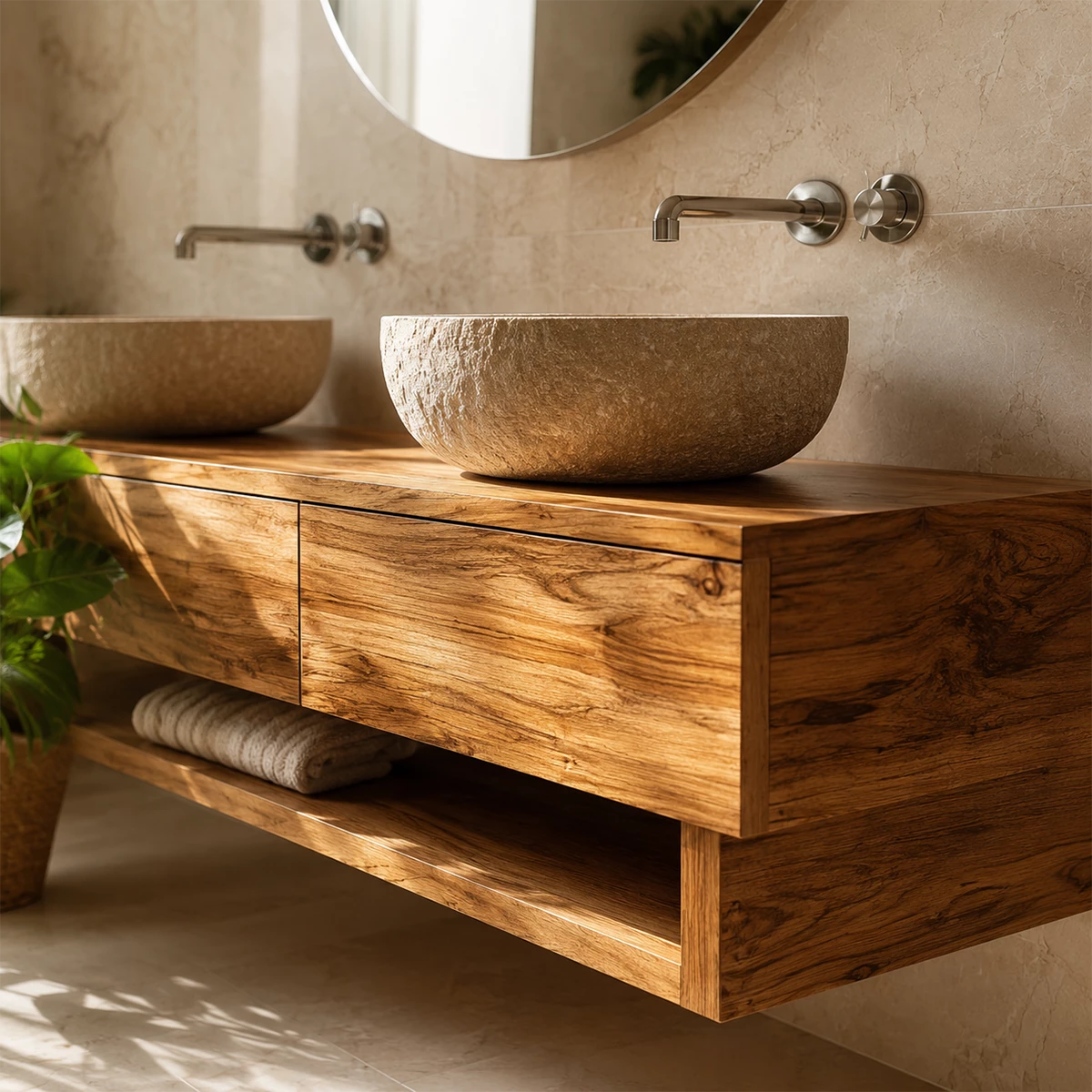 Double Sink Floating Bathroom Vanity with Open Shelf in Natural Solid Wood