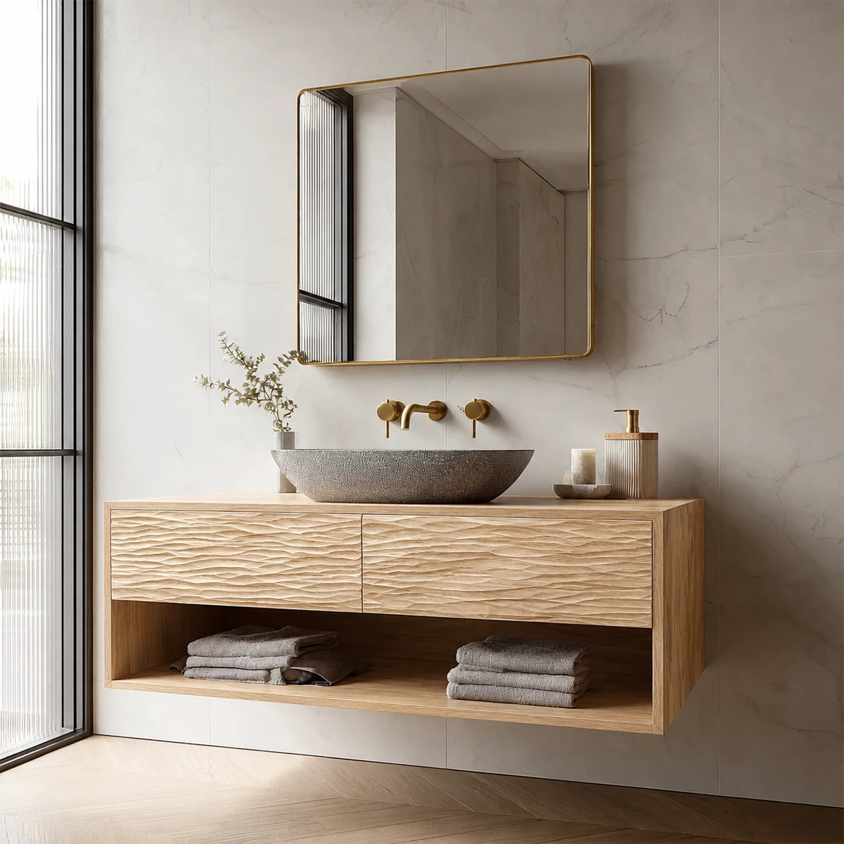 Floating Solid Wood Bathroom Vanity with Textured Front & Open Shelf Storage