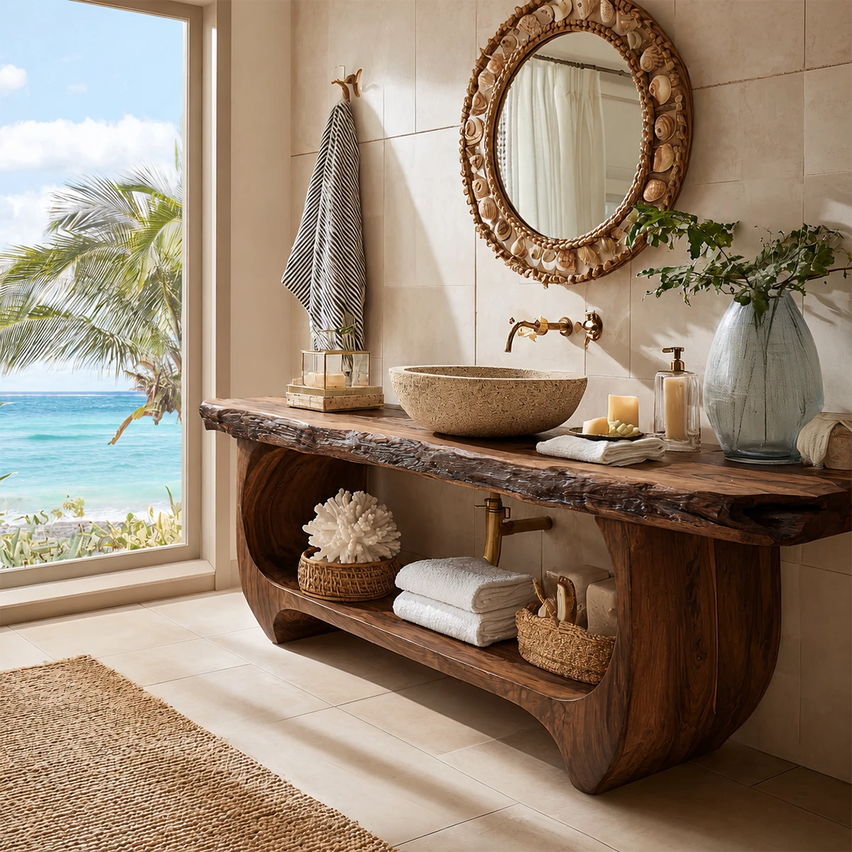 Live Edge Bathroom Vanity with Sculptural Open Shelf in Natural Solid Wood