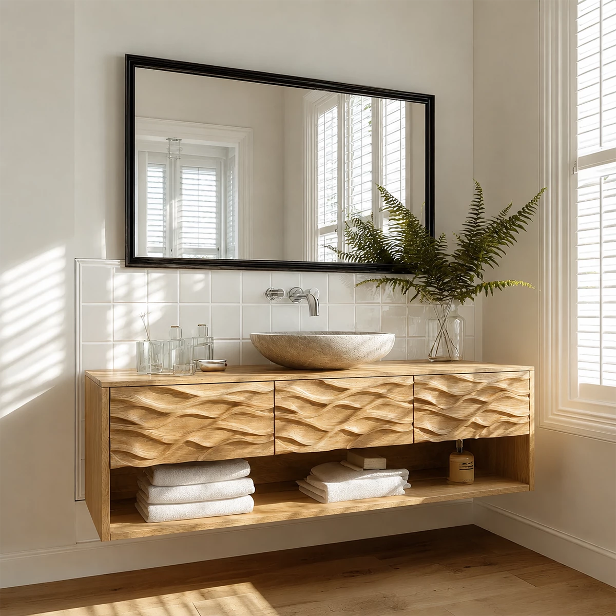 Floating Solid Wood Bathroom Vanity with Carved Wave Front and Open Shelf