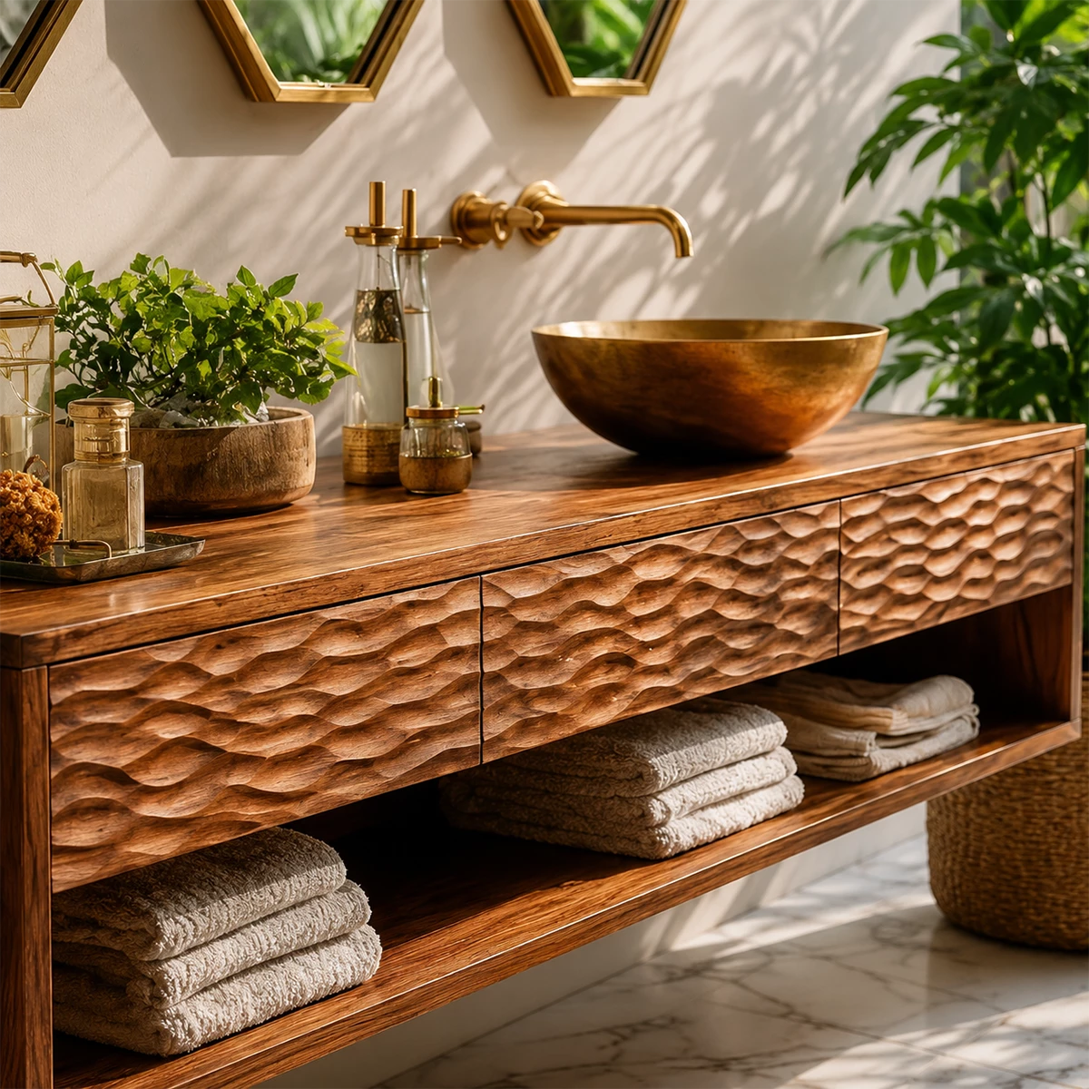 Handcrafted Floating Bathroom Vanity with Carved Drawer Fronts in Natural Solid Wood