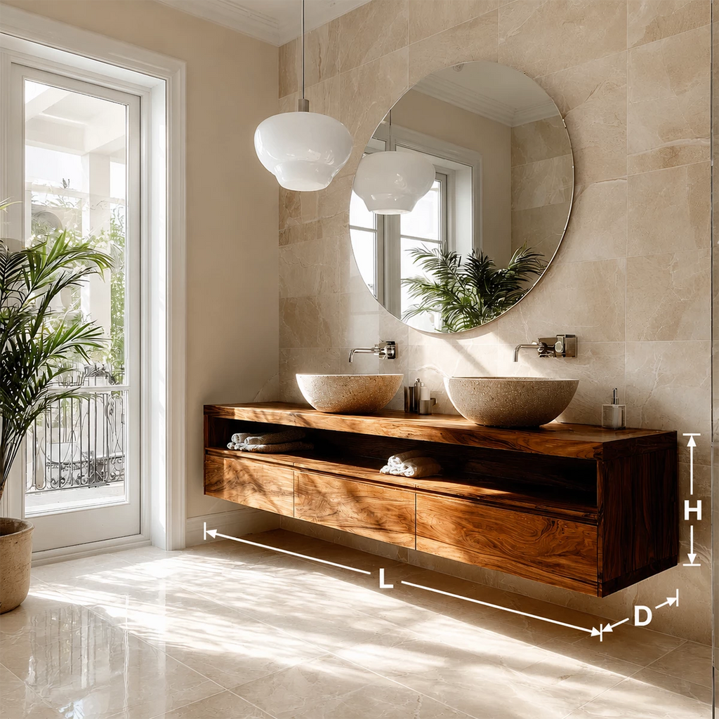 Double Sink Floating Bathroom Vanity with Open Shelf in Natural Solid Wood
