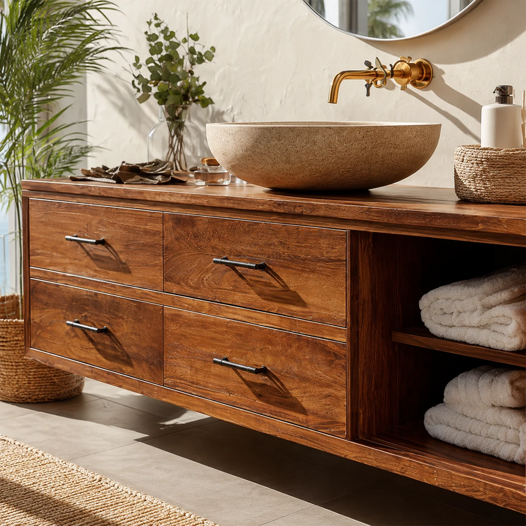 Floating Bathroom Vanity with Open Shelf and Four Drawers in Natural Solid Wood