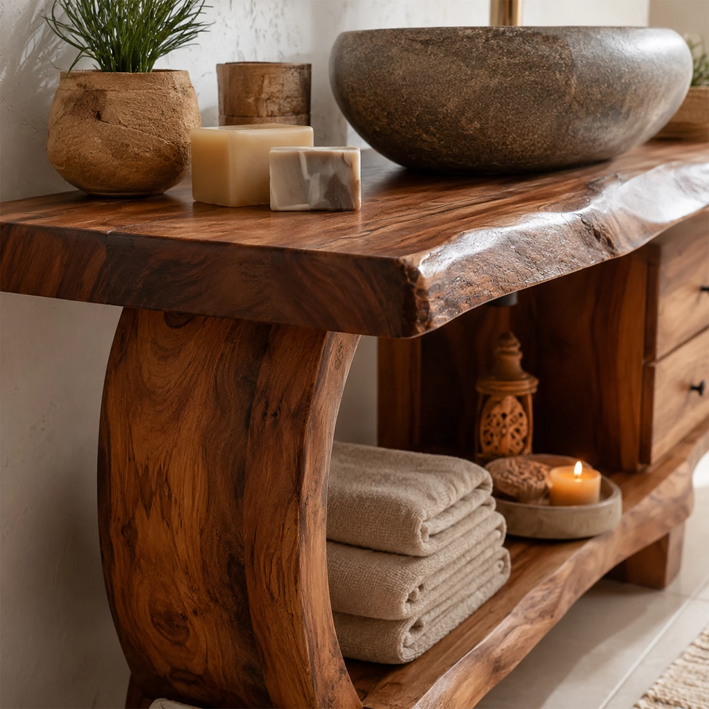 Live Edge Bathroom Vanity with Curved Open Shelf in Natural Solid Wood