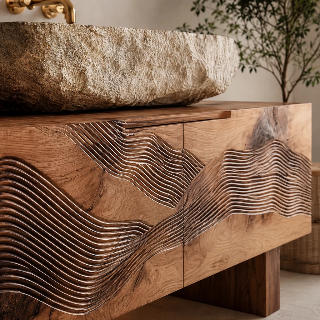 Artistic Bathroom Vanity with Layered Wave Carved Front in Natural Solid Wood