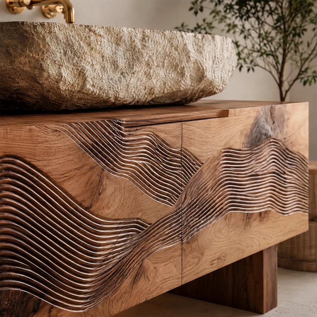 Artistic Bathroom Vanity with Layered Wave Carved Front in Natural Solid Wood