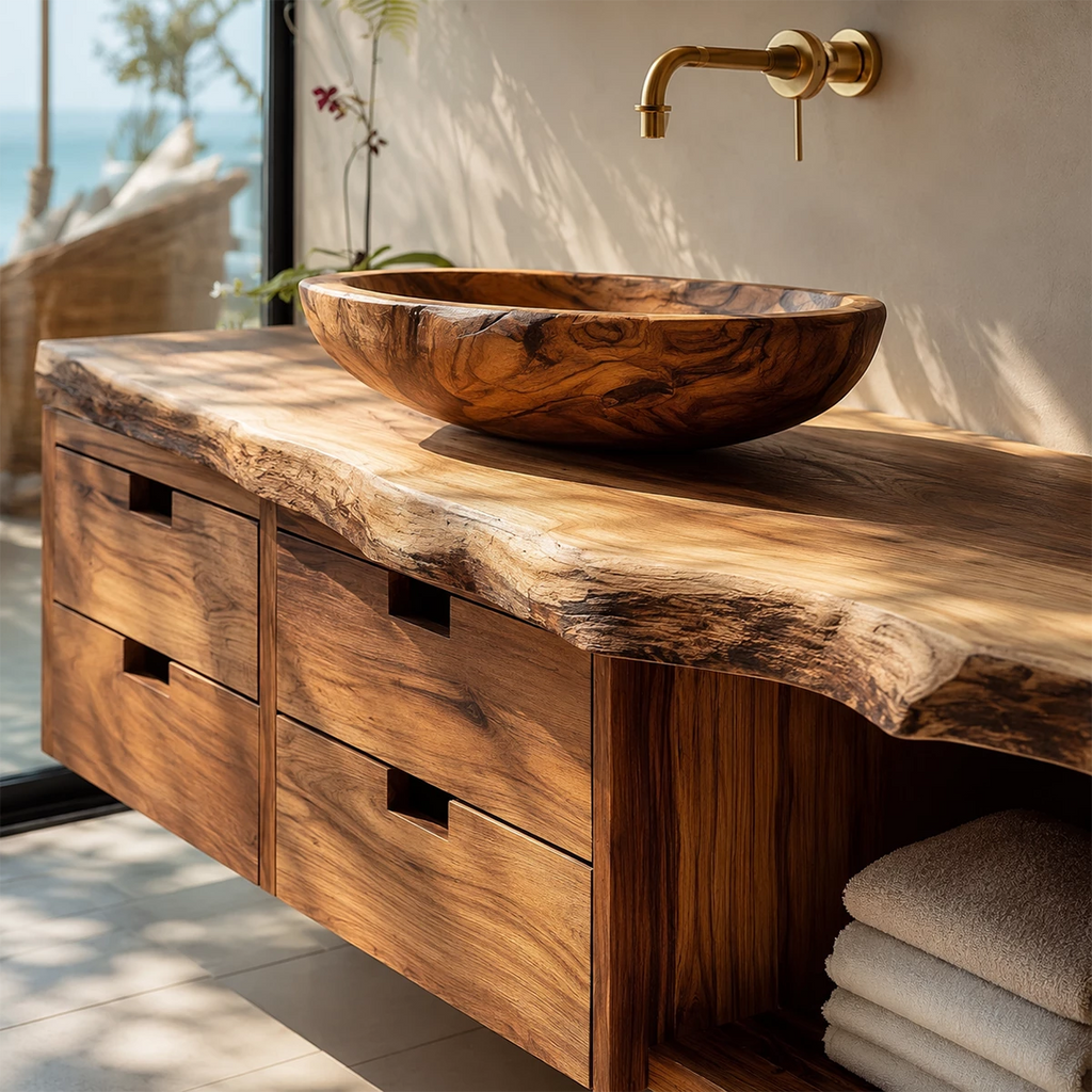 Floating Live Edge Solid Wood Bathroom Vanity with Four Drawers and Open Shelf