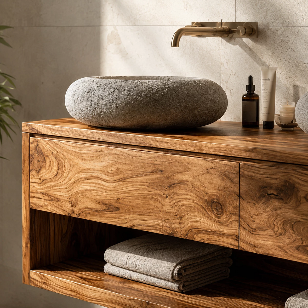 Floating Double Sink Solid Wood Bathroom Vanity with Open Shelf Storage