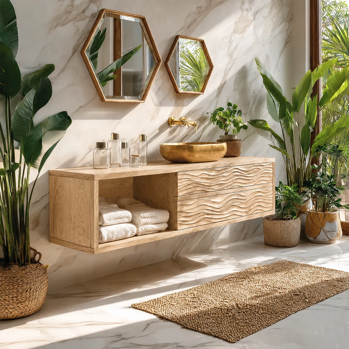 Floating Solid Wood Bathroom Vanity with Wave Carved Drawers and Open Shelf