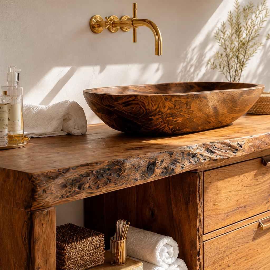 Live Edge Bathroom Vanity with Open Shelf and Dual Drawers in Natural Solid Wood