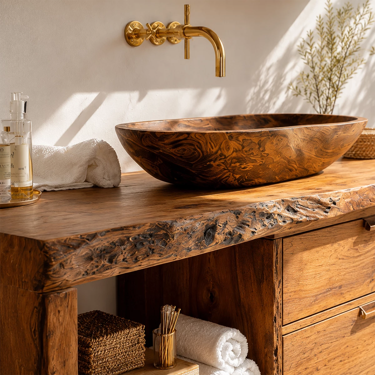 Live Edge Bathroom Vanity with Open Shelf and Dual Drawers in Natural Solid Wood