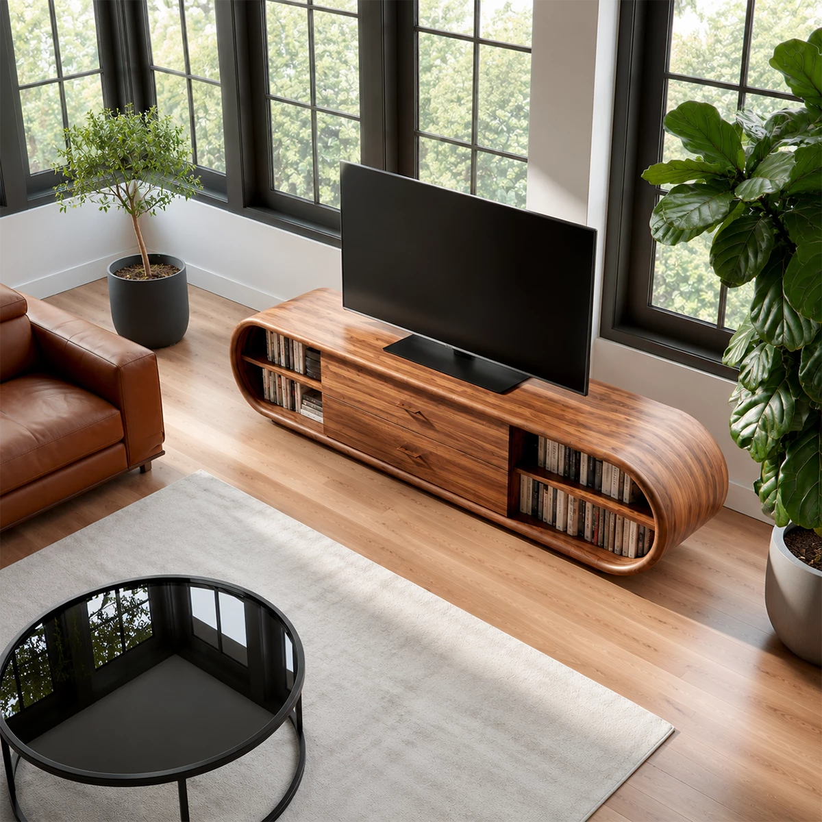 Natural Solid Wood TV Stand with Two Drawers and Rounded Open Shelves