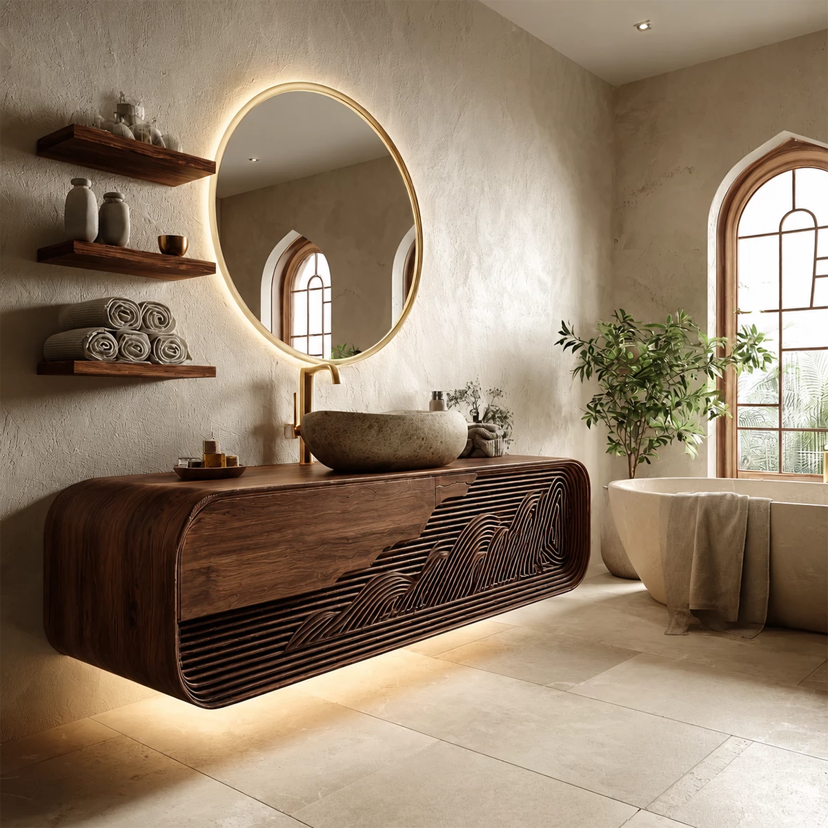 Floating Solid Wood Bathroom Vanity with Mountain Relief Front Design