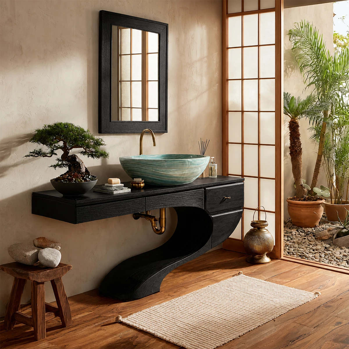 Floating Bathroom Vanity with Sculptural S-Curve Base in Natural Solid Wood