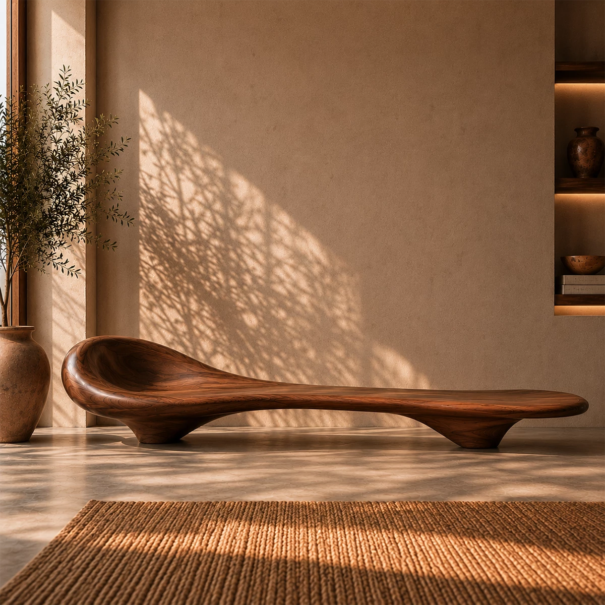 Sculptural Wood Chaise Lounge – Organic Natural Wood Lounge Chair for Modern Interior