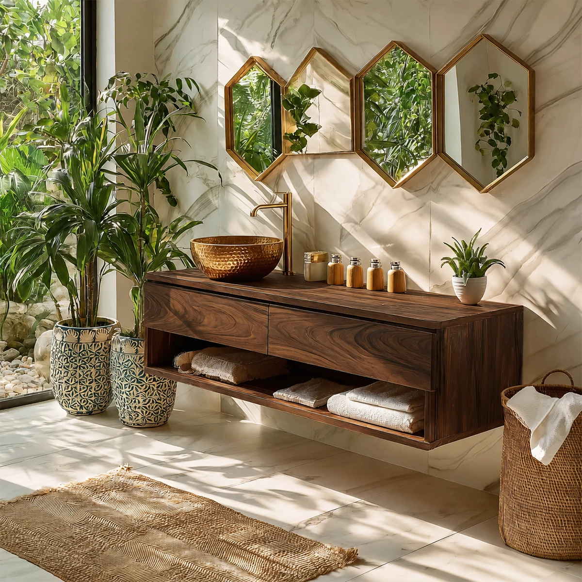 Floating Bathroom Vanity with Open Shelf and Dual Drawers in Natural Solid Wood