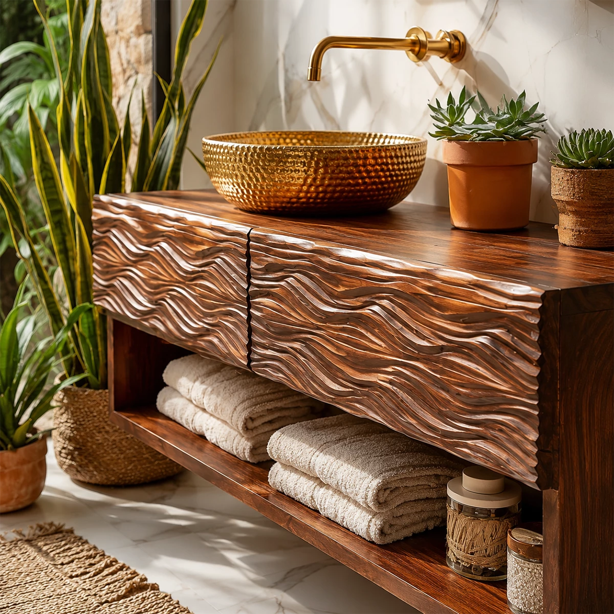 Floating Solid Wood Bathroom Vanity with Carved Wave Doors and Open Shelf