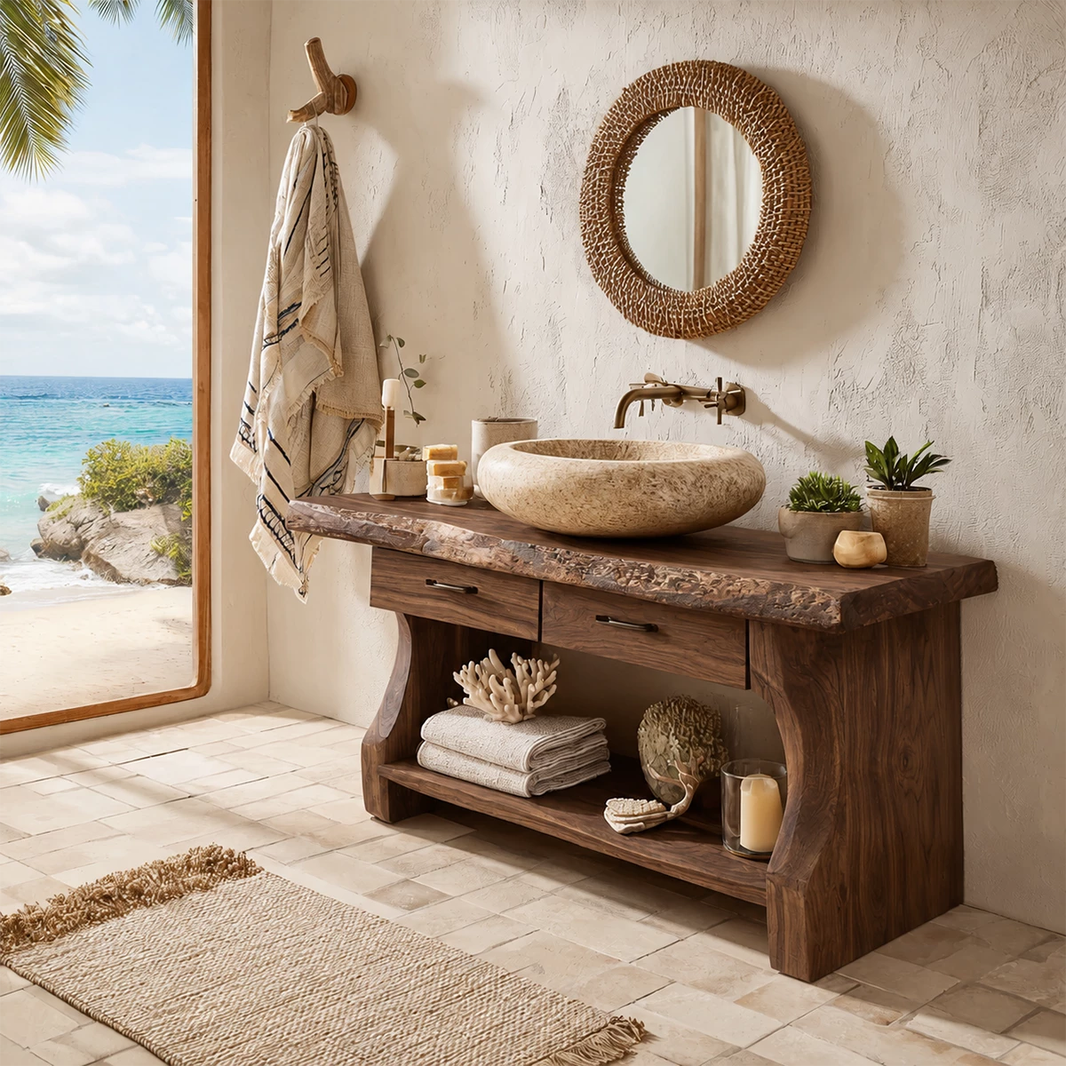 Live Edge Bathroom Vanity with Open Shelf in Natural Solid Wood